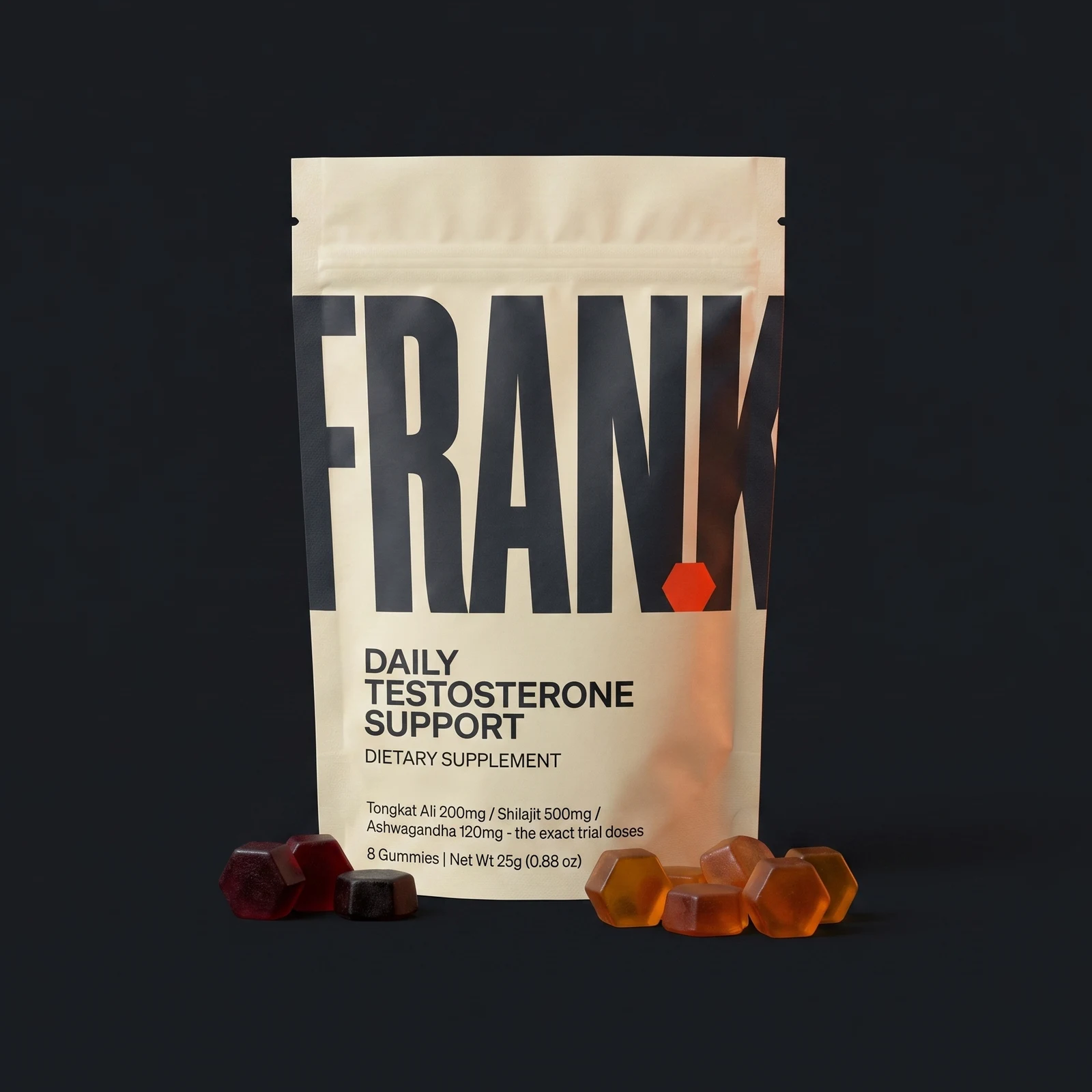 Frank Daily Testosterone Support pouch with the day's eight hexagon gummies